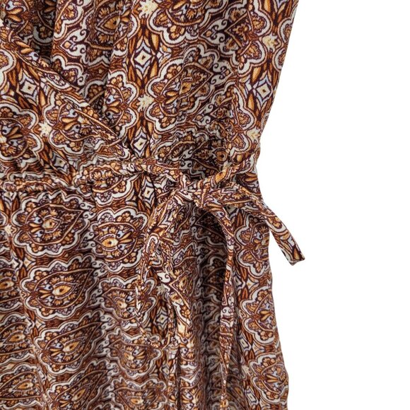 Y2K Boho Flutter Sleeve Faux Wrap Baby Doll Mini Dress Sz M Ruffle Hem Brown - Picture 10 of 13